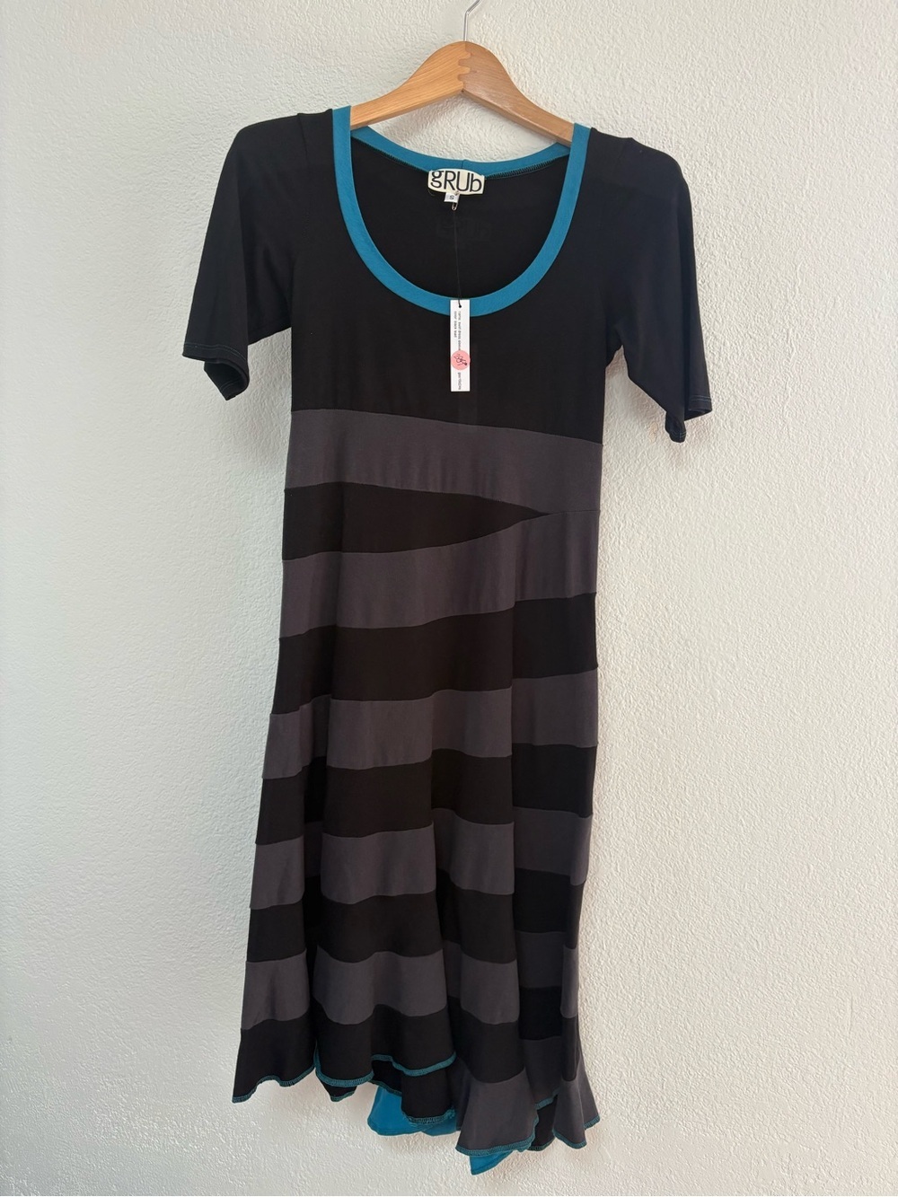 Black & Gray Striped Midi Dress with Teal Trim